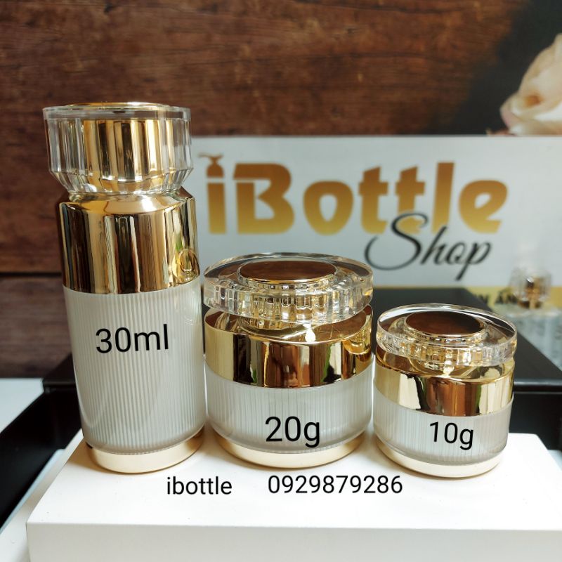 Chai lọ sang chiết mỹ phẩm -Bộ chai hủ sọc trắng cao cấp, nắp vàng
