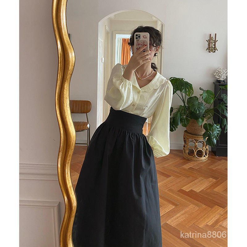 Set Áo Sơ Mi + Chân Váy Dài Vừa Phong Cách Hoàng Gia Pháp Retro Thời Trang Mùa Thu Mới Cho Nữ