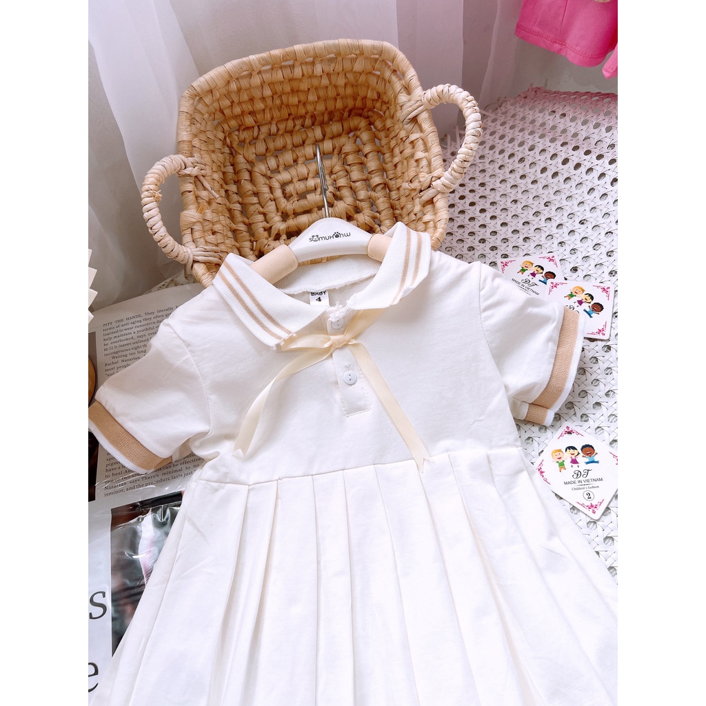 Váy cho bé gái, váy áo polo phối nơ kem phần váy dập ly thanh lịch cho bé