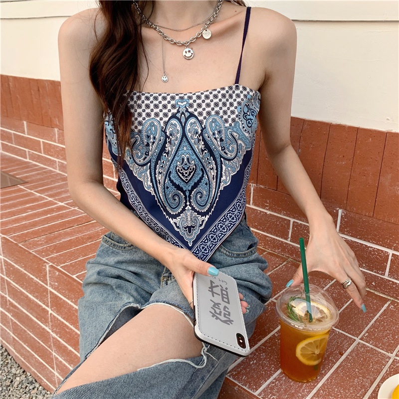 Áo Hai Dây Dáng Ôm In Họa Tiết Phong Cách Cổ Điển Quyến Rũ Thời Trang Mùa Hè Hàng Mới 2022