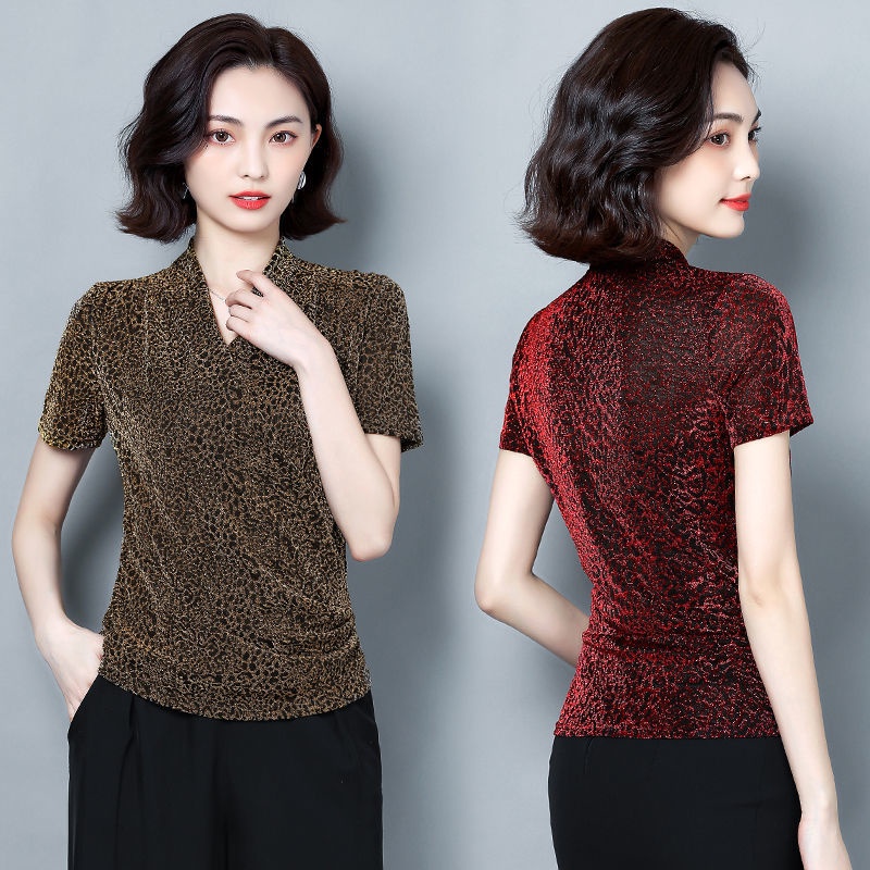 Áo thun tay ngắn cổ chữ V dáng rộng in họa tiết da báo thời trang cho nữ trung niên
