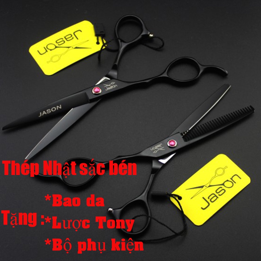 Bộ kéo cắt tóc tay trái chuyên nghiệp Jason ( Tặng bao da+lươc+lọ dầu+khóa kéo+miếng da lau kéo)