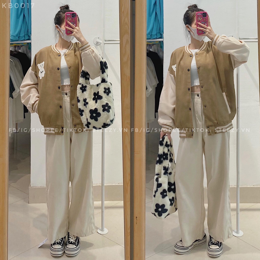 [KB0017] Áo khoác bomber vải da lộn mặt nhung lót gió in hình gấu chữ SA TU DE form rộng (Có sẵn/Ảnh thật)