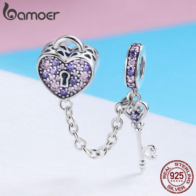 Hạt charm Bamoer hình trái tim và ổ khoá đính đá độc đáo