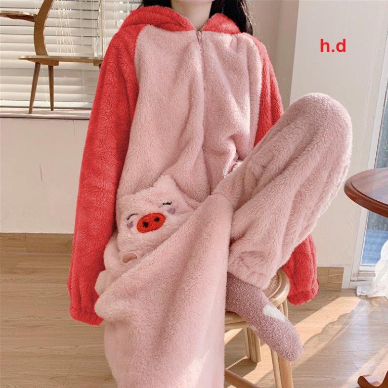 Bộ jumpsuit thêu mặt Lợn dáng liền thân chất lông cừu dày giữ nhiệt tốt form rộng oversize kèm ảnh thật