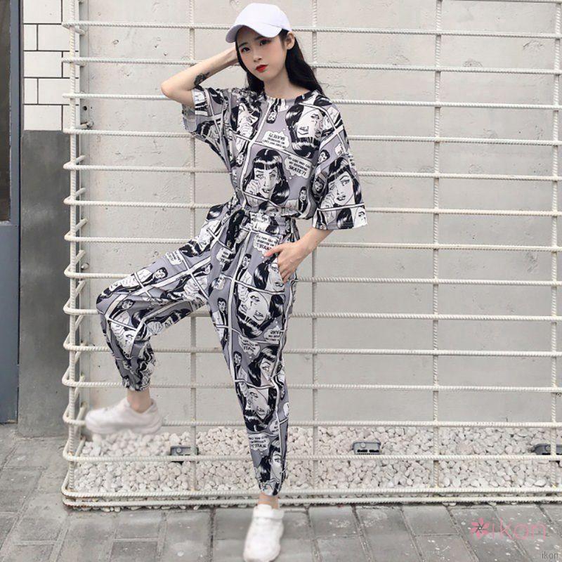 Set quần áo thun nữ dài ngắn cổ tròn học tiết hoạt hình thời trang Hàn