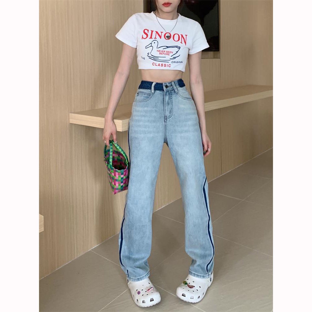 Quần Jean Dài Lưng Cao Dáng Rộng Màu Sắc Tương Phản Thời Trang Mùa Hè 2022 Cho Nữ