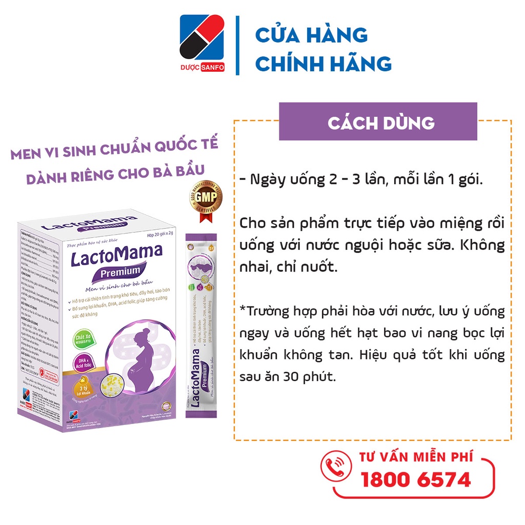 Lactomama Premium men vi sinh dành cho bà bầu, ổn định tiêu hóa, giải quyết táo bón, tăng sức đề kháng, hộp 20 gói