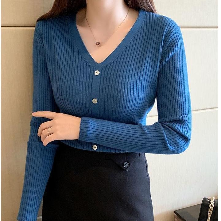 Áo len ZHELIHANGFEI tay dài cổ chữ V dáng ôm quyến rũ trẻ trung