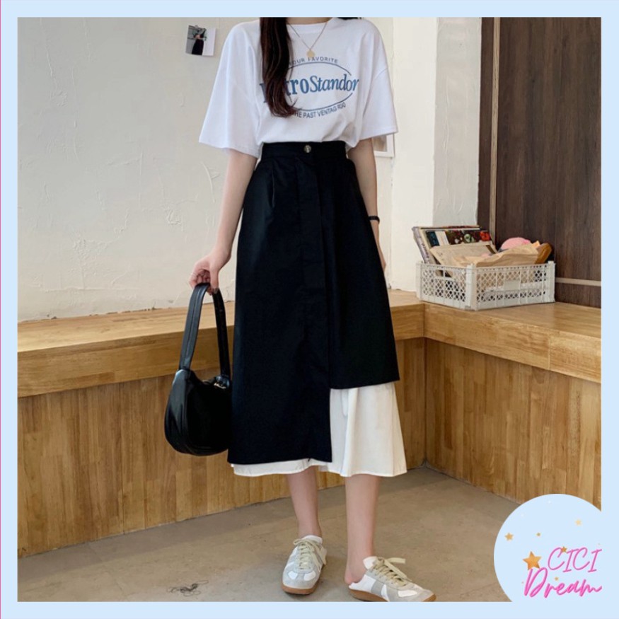Chân váy tầng dáng dài ulzzang xòe vạt lệch phối đen trắng-Chân váy tầng dáng dài xòe vạt lệch phong cách hàn quốc | BigBuy360 - bigbuy360.vn
