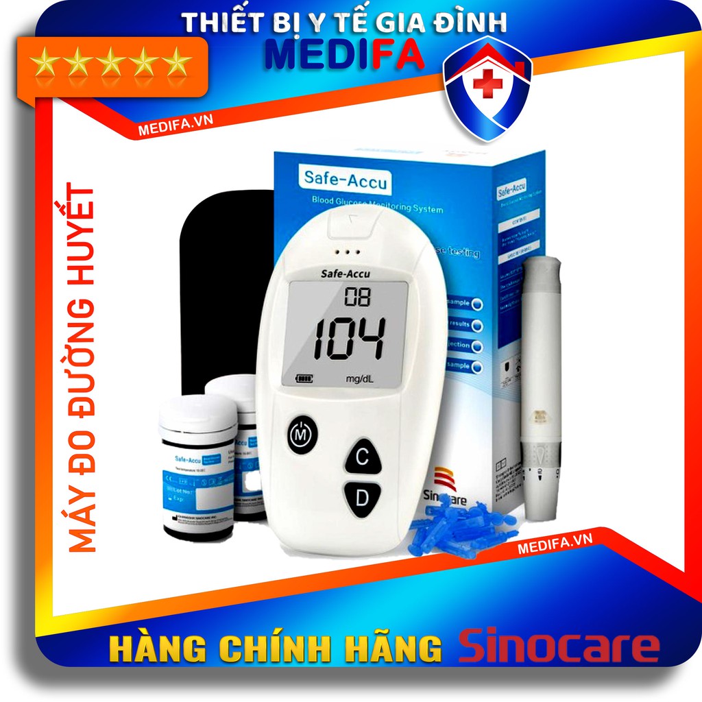 TRỌN BỘ Máy Đo Đường Huyết Safe-Accu chính hãng SINOCARE, Bảo Hành Trọn Đời, tặng Bút chích máu, 25 que, 25 kim