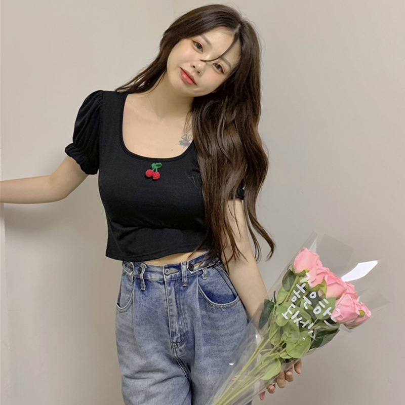 Áo Cotton Tay Ngắn Phồng Màu Trơn Họa Tiết Quả Cherry Thời Trang Mùa Hè Dành Cho Nữ