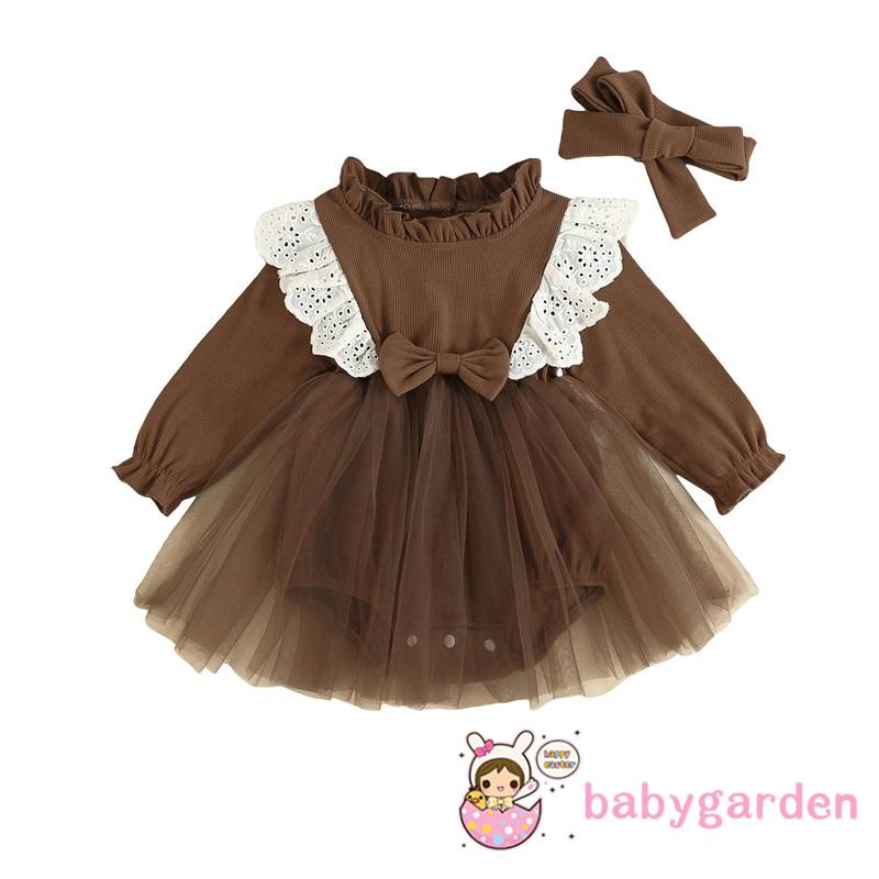 Bộ Áo Liền Quần Tay Dài Phối Lưới Kèm Băng Đô Dễ Thương Cho Bé Gái 0-24 Tháng Tuổi