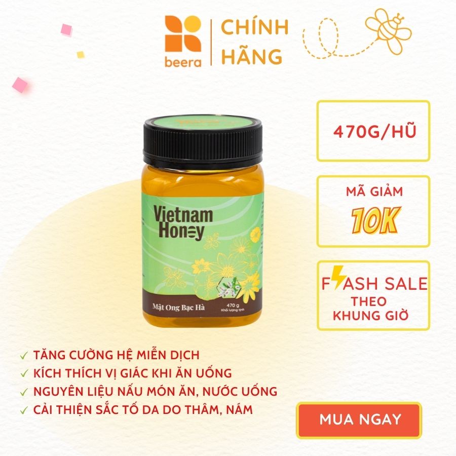 Mật ong nguyên chất Hoa bạc hà Hà Giang Vietnamhoney Beera tăng cường sức khỏe(1 lọ x 470g)