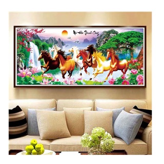 Tranh thêu 8 con ngựa thêu kín chưa thêu 2mx90cm