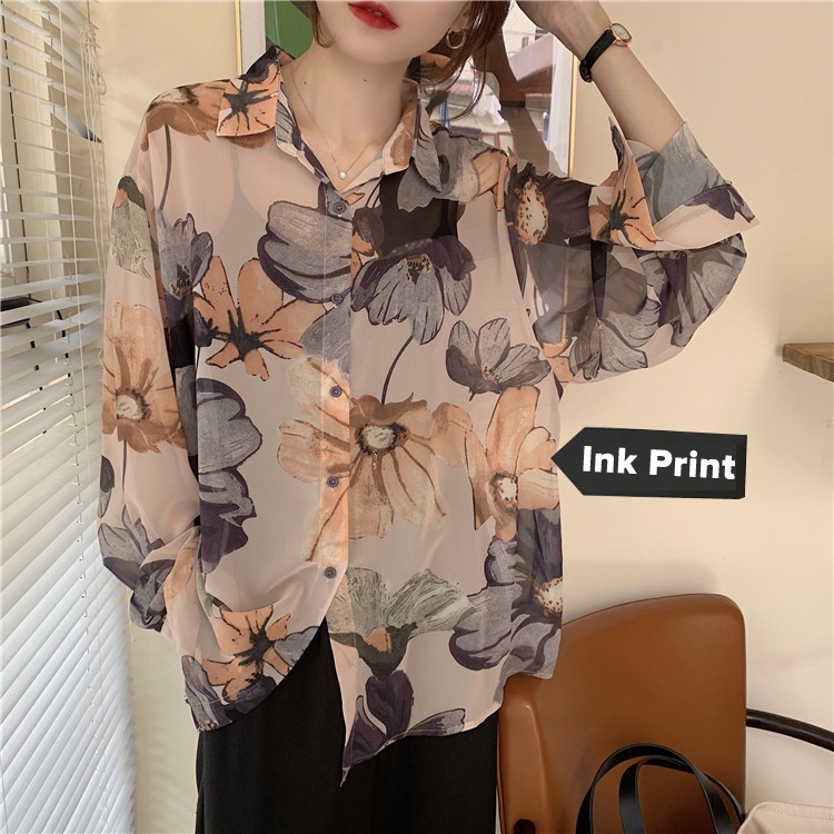 Áo Sơ Mi Chiffon Dài Tay Họa Tiết Hoa Thời Trang