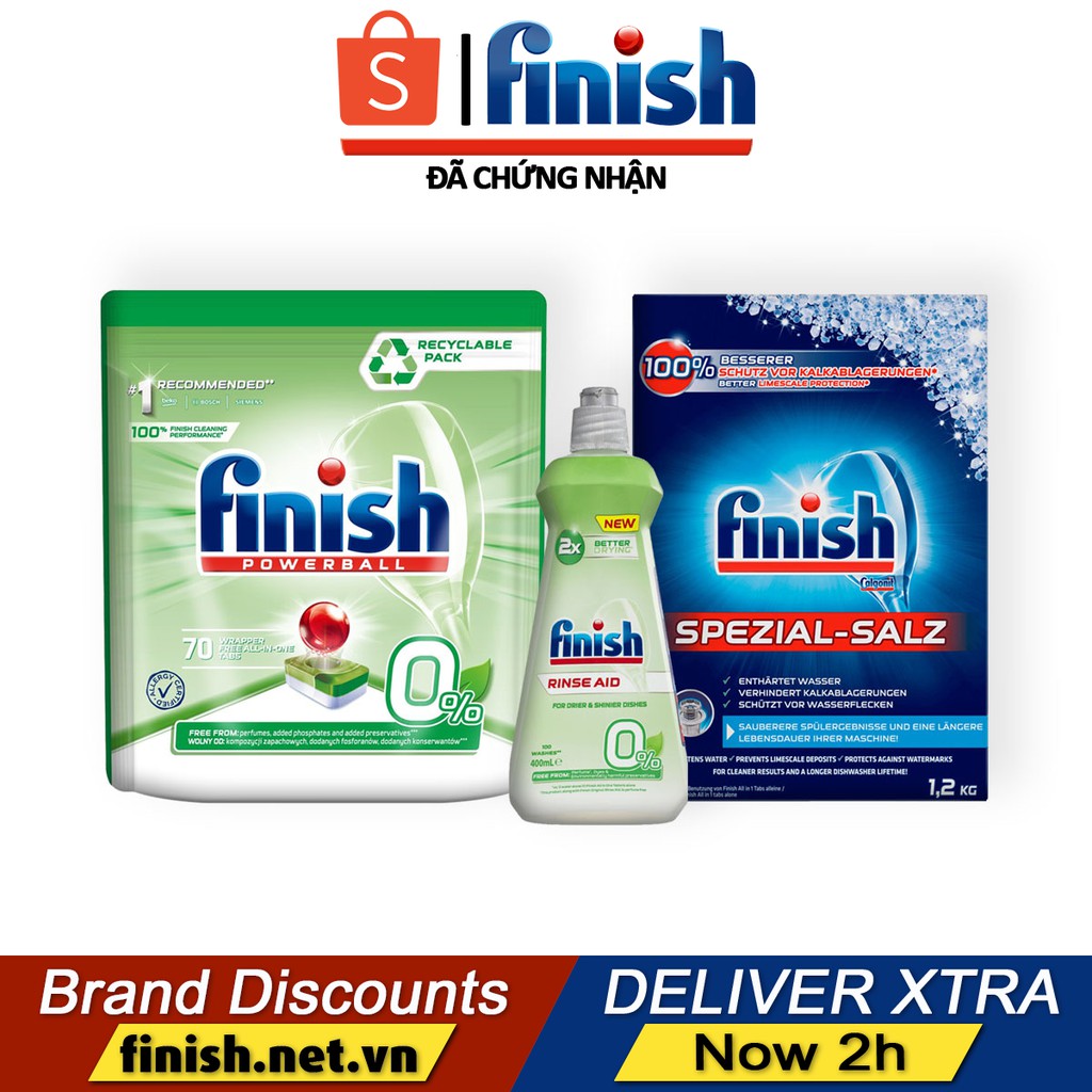 Combo Viên rửa bát Finish Eco 0%, nước làm bóng Finish Eco 0% và muối rửa bát Finish 1.2kg