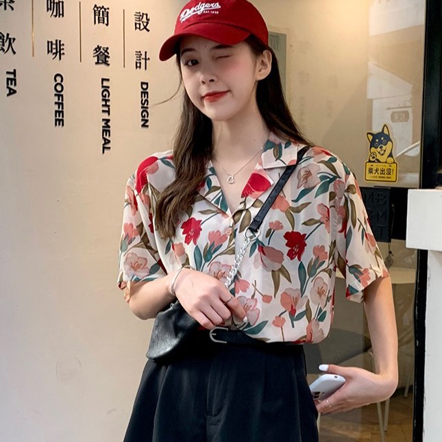 Áo sơ mi chiffon unisex tay ngắn in hoa thời trang | BigBuy360 - bigbuy360.vn