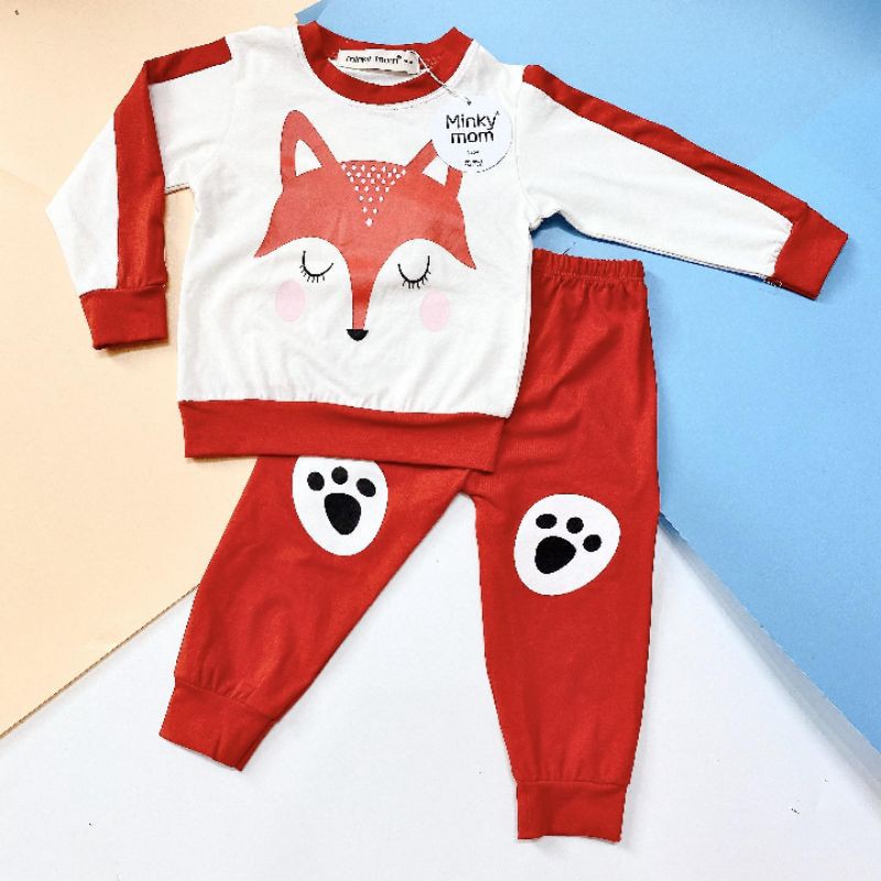 Bộ dài tay Minky Mom cotton 100% nền trắng họa tiết động vật