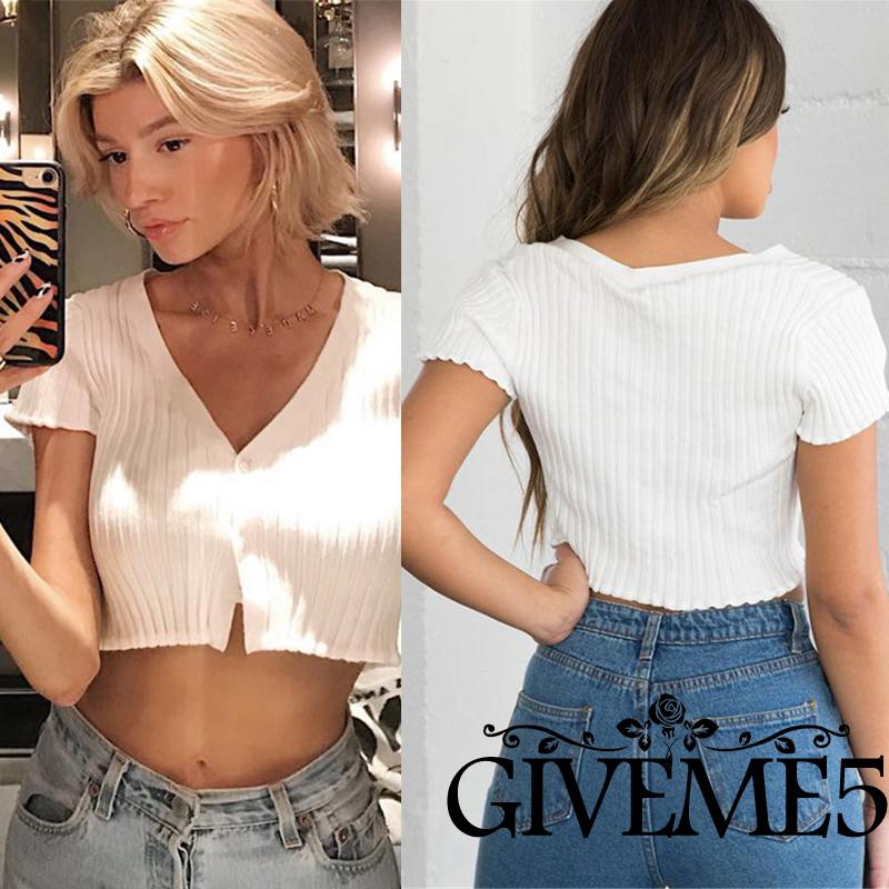 Áo Kiểu Nữ Cổ Chữ V Đính Nút Xinh Xắn