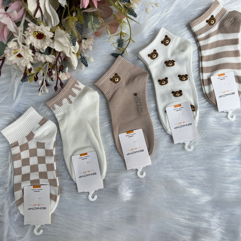 vớ tất nữ cổ ngắn chất liệu cotton co giãn bốn chiều thoáng khí B.E