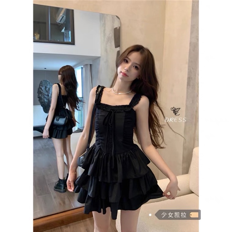 Váy hai dây đen xoè corset new trend 2023 cá tính váy ngắn gothic lolita âu mĩ cosplay