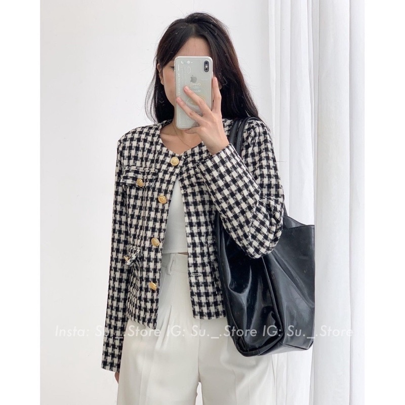Áo Dạ Tweed túi giả kẻ mỏng nhẹ 2 lớp dọc khuy vàng siêu đẹp