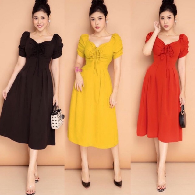Đầm váy thun xòe thiết kế cao cấp tay phồng cổ V (có nhiều size)