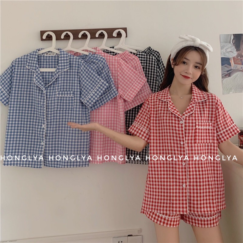 [Ảnh thật] Bộ ngủ cộc cộc kẻ caro siêu dễ thương Pijama kẻ caro Pizama dễ thương Pyjama