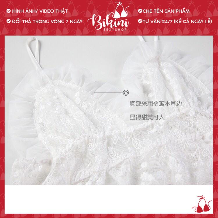 ❣️ Váy ngủ nữ sexy ren bông tuyết trắng siêu đẹp - Váy ngủ 2 dây gợi cảm phối ren xuyên thấu kèm chip lọt khe VN14