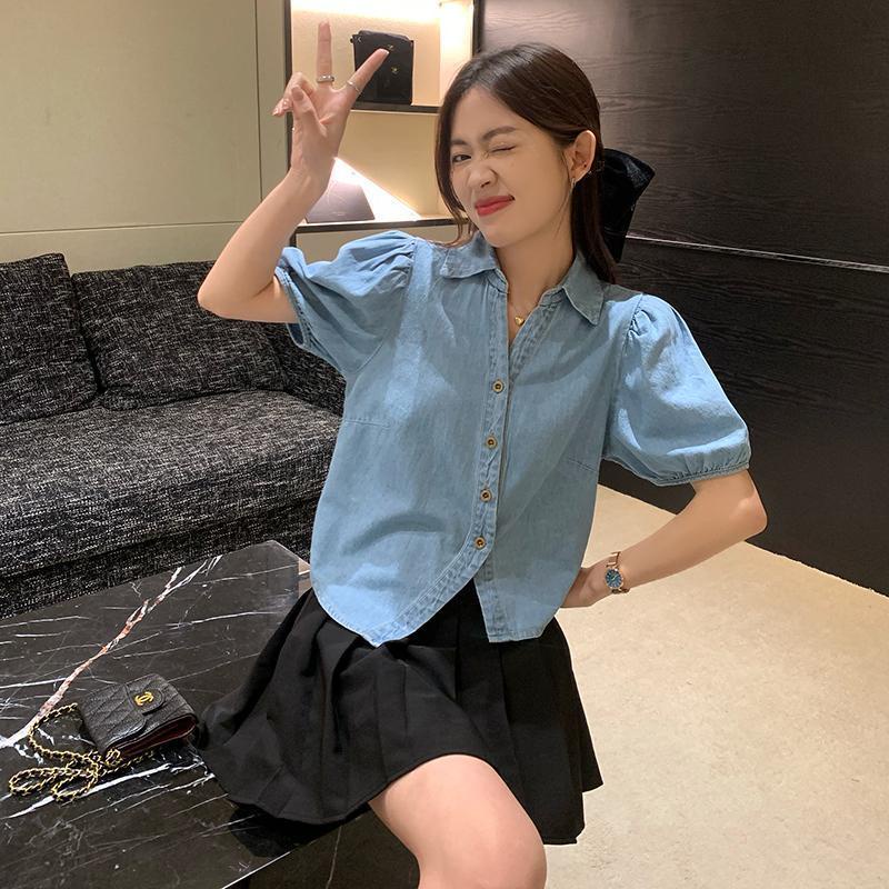 Áo Sơ Mi Denim Tay Ngắn Phong Cách Hong Kong Cổ Điển Thiết Kế Mới Cho Nữ