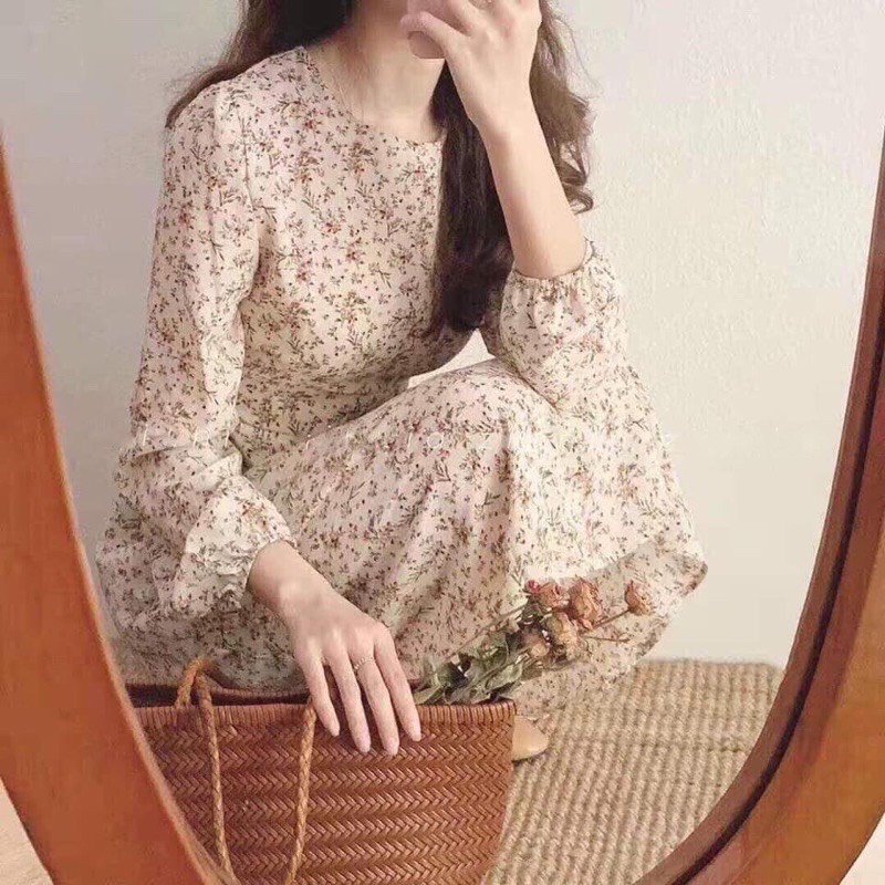 [Ảnh thật] Váy hoa nhí dáng dài thắt nơ - Váy hoa cỏ chất lụa hàn vintage