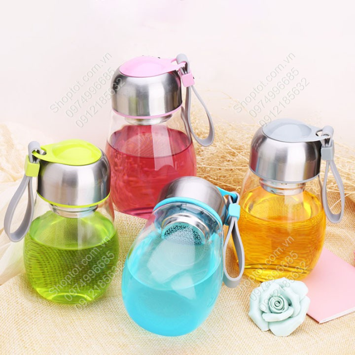 Bình đựng nước uống bằng thủy tinh cho học sinh, sinh viên, dân văn phòng, 400ml có vỏ vải nhiều màu sắc