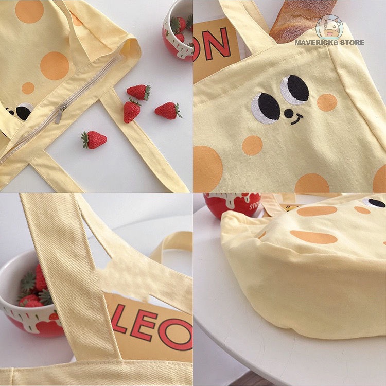 Túi đeo vai bằng vải canvas cỡ lớn in họa tiết màu vàng dễ thương phong cách Nhật Hàn cổ điển dành cho học sinh