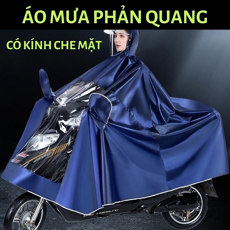 Áo Mưa 2 Đầu Phản Quang Vải Dù Ép PVC Chống Rách Có Kính Che Trước Mặt