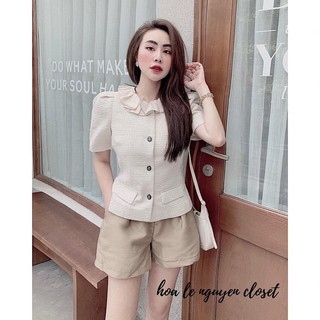 Áo dạ mỏng ngắn tay phối cổ bèo