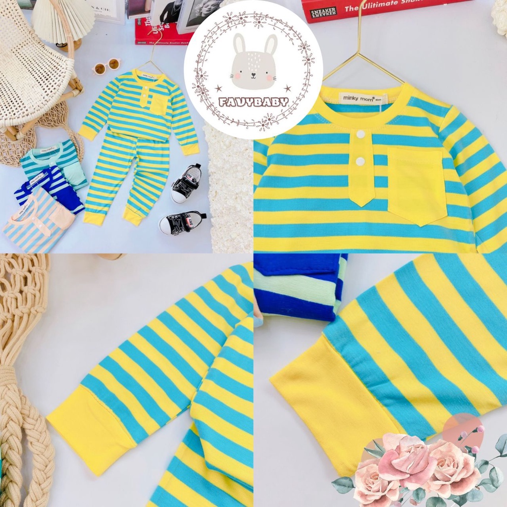Bộ Dài Tay MINKY MOM Chính Hãng Bé Trai Bé Gái Vải Thun Lạnh Sọc Dệt Visco Có Nút Túi Cho Bé 0 1 2 3 4 5 Tuổi - Favybaby