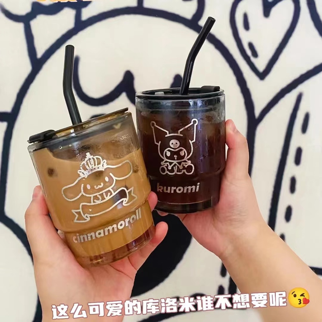 Mới Bình Nước Thủy Tinh Cao Cấp Có Nắp Đậy Và Ống Hút Họa Tiết Sanrio Kuromi Dễ Phối Đồ
