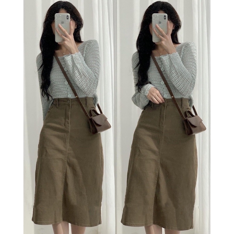 chân váy chữ A thô xoè xẻ sau dáng dài vintage