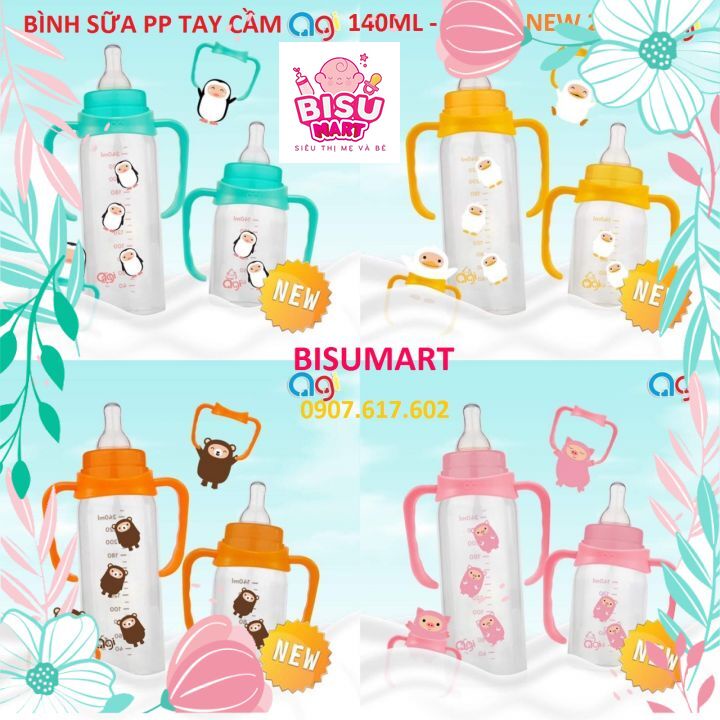 Bình sữa AGI, Bình Sữa cổ hẹp Phiên bản tay cầm 140ml - 250ml (Mẫu Mới 2021)