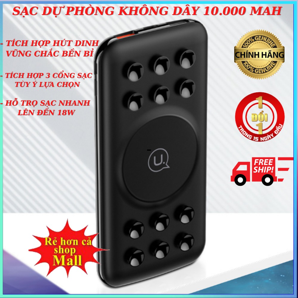 Sạc Dự Phòng Không Dây 10.000 MAH Hỗ Trợ Cốc Hút dính Chắc Chắn tiện lợi khi mang đi k sợ bị rơi bảo hành 24 tháng