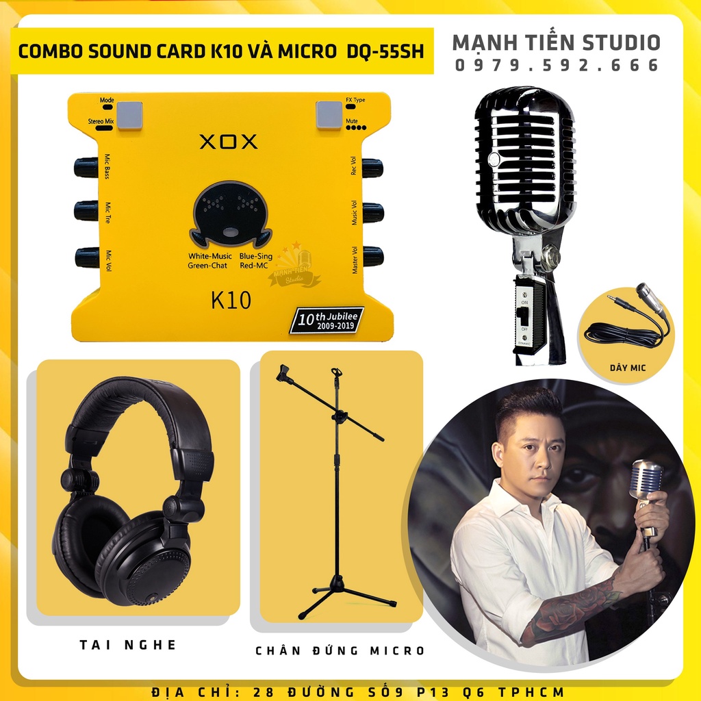 Combo thu âm livestream karaoke siêu hay soundcard K10 + Micro Ami DQ-55SH tặng tai nghe bảo hành 12 tháng