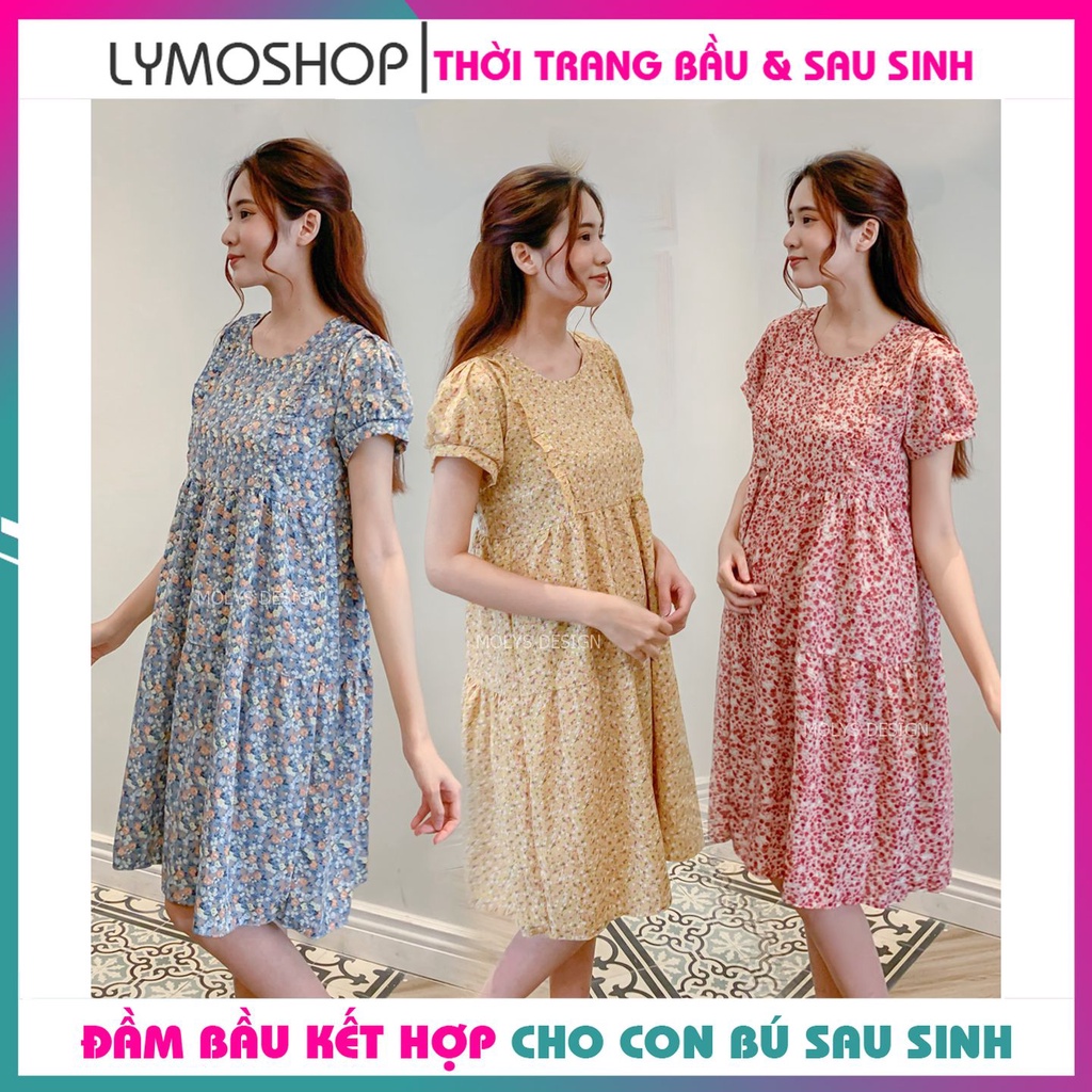 Đầm bầu sau sinh cho con bú  babydoll ba tầng hoa nhí bèo ngực MOLYS VM6644 cúc điều chỉnh mặc hết thai kỳ