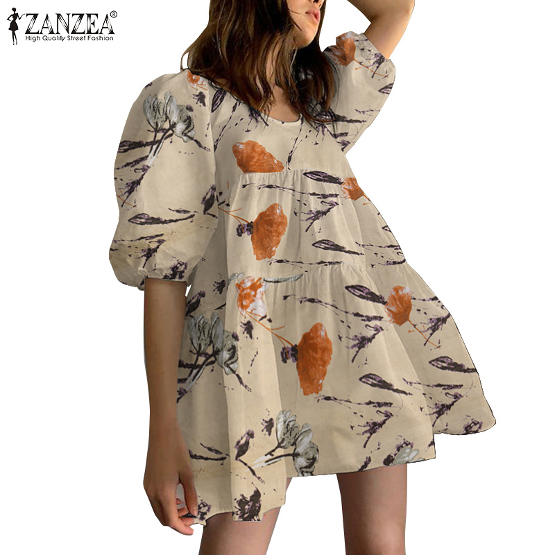 Đầm mini ZANZEA tay ngắn cổ tròn in họa tiết hoa thời trang cho nữ