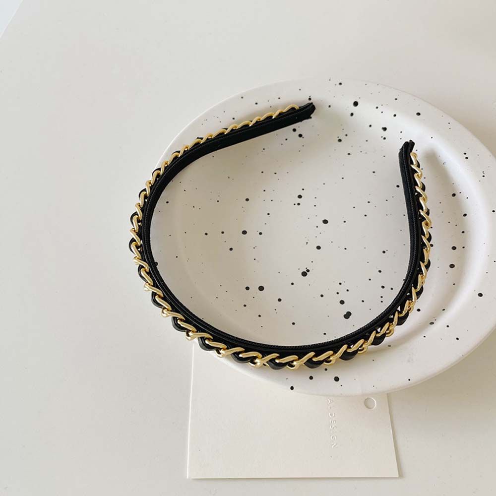 Cài tóc da pu phối dây xích kim loại màu đen phong cách Hàn Quốc dễ thương cho nữ