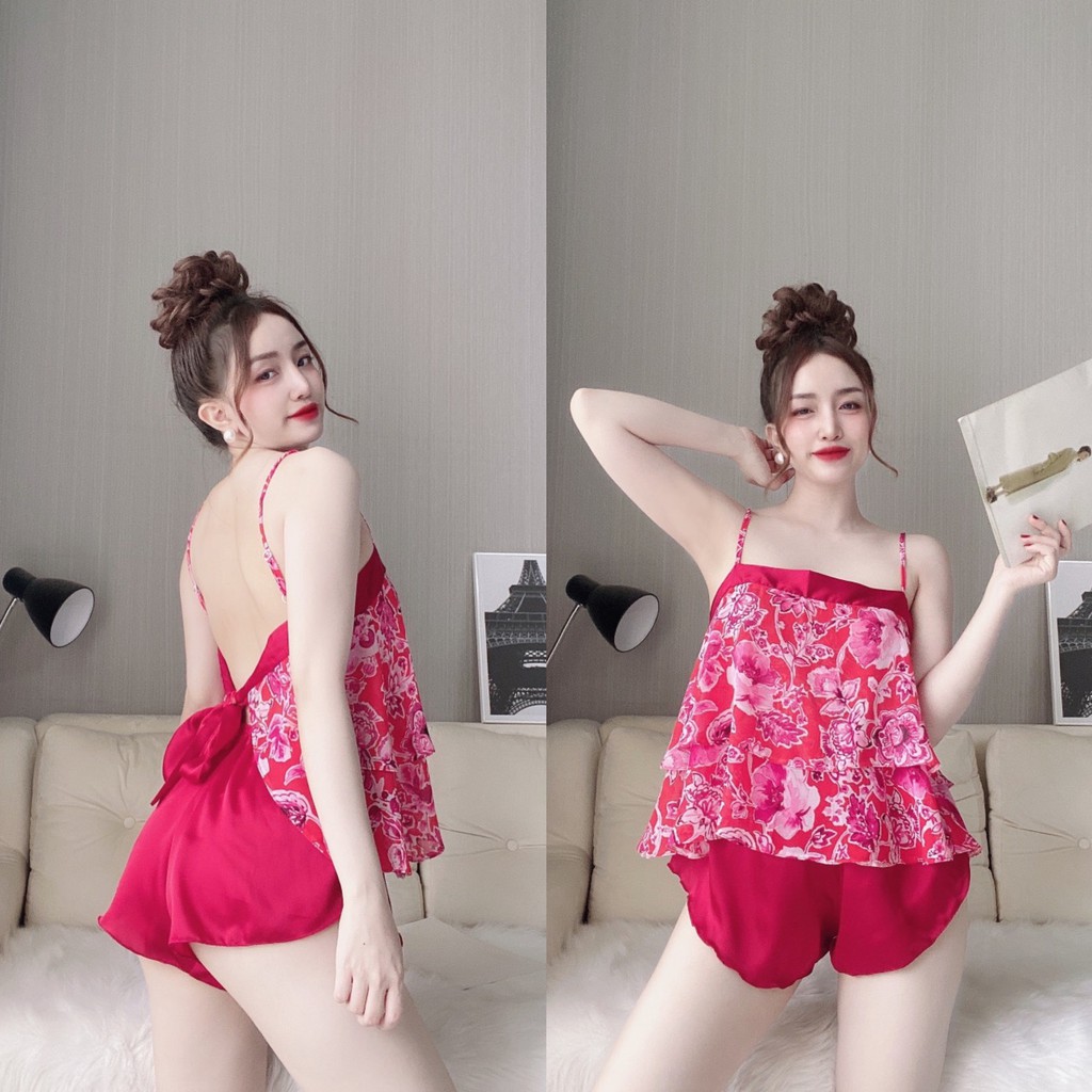 Bộ ngủ Sexy Bộ Đồ Ngủ 2 Dây Quần Satin Phối Áo Chiffon Mềm Mại Thoải Mái Freesize <65kg | BigBuy360 - bigbuy360.vn