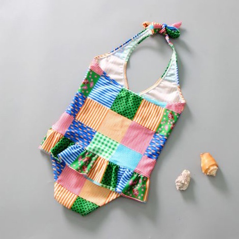 Bộ đồ bơi bikini liền thân họa tiết ô vuông mùa hè dễ thương cho bé gái