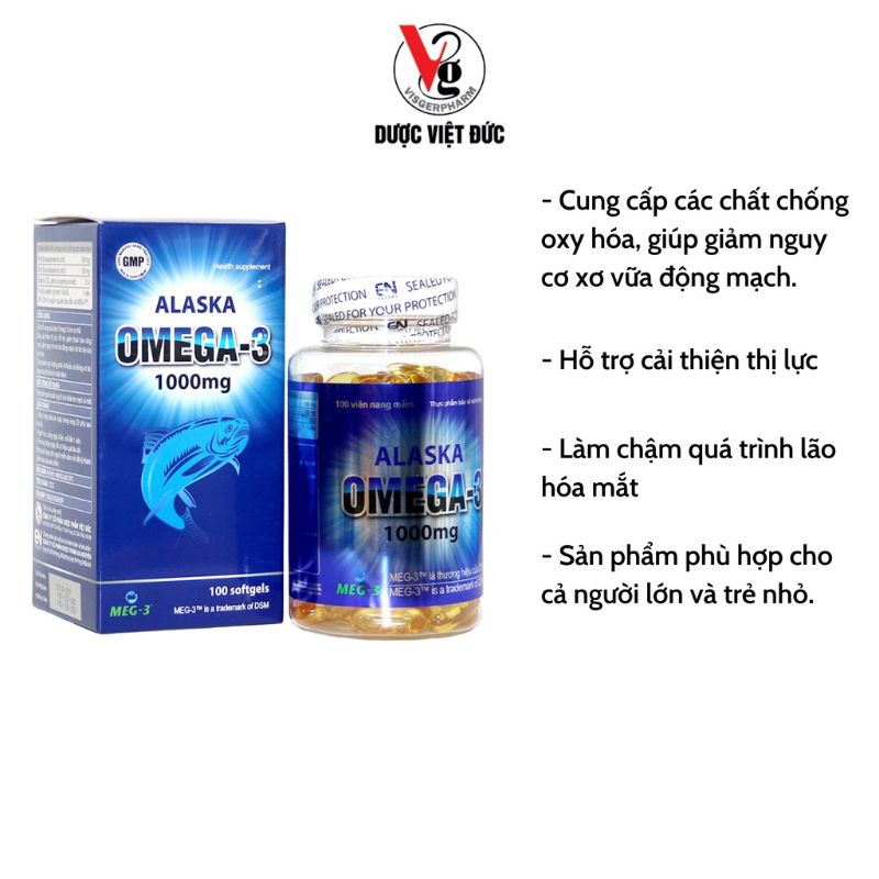Lọ 100 viên dầu cá ALASKA OMEGA-3 1000mg bổ sung acid béo Omega3 tăng cường thị lực
