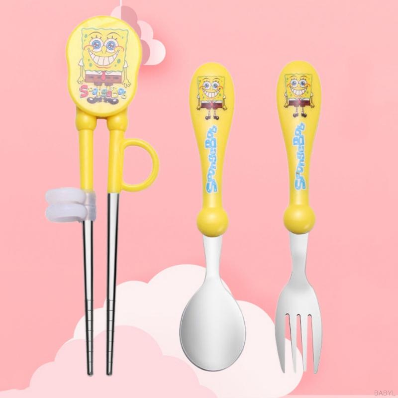 Set 3 Món Muỗng + Đũa + Nĩa Bằng Thép Không Gỉ Cho Bé Tập Ăn