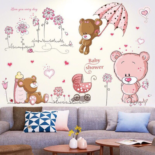 Decal trang trí bộ cặp gấu hồng siêu xink